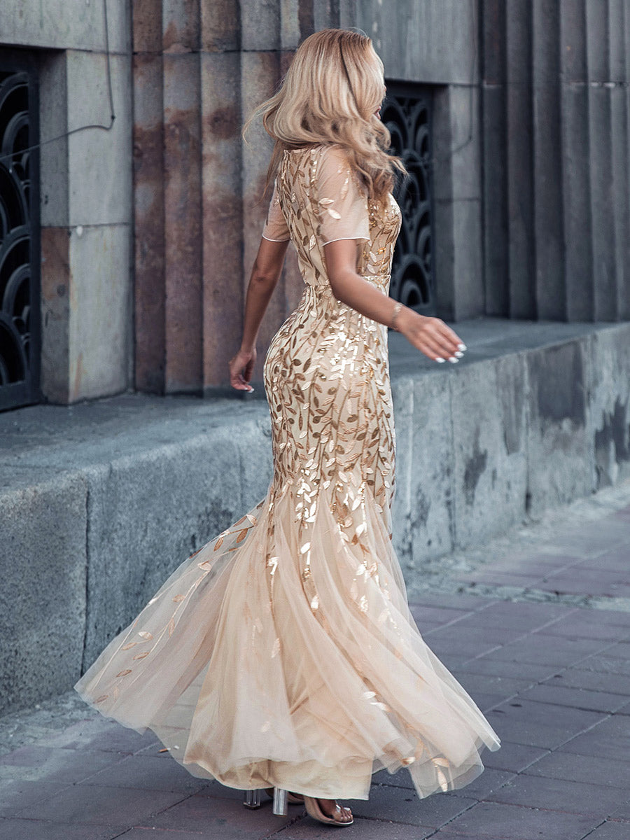 Bodenlanger Bodycon Kleid Mit Rundhalsausschnitt Pailletten Bestickte Patchwork Details #Farbe_Gold