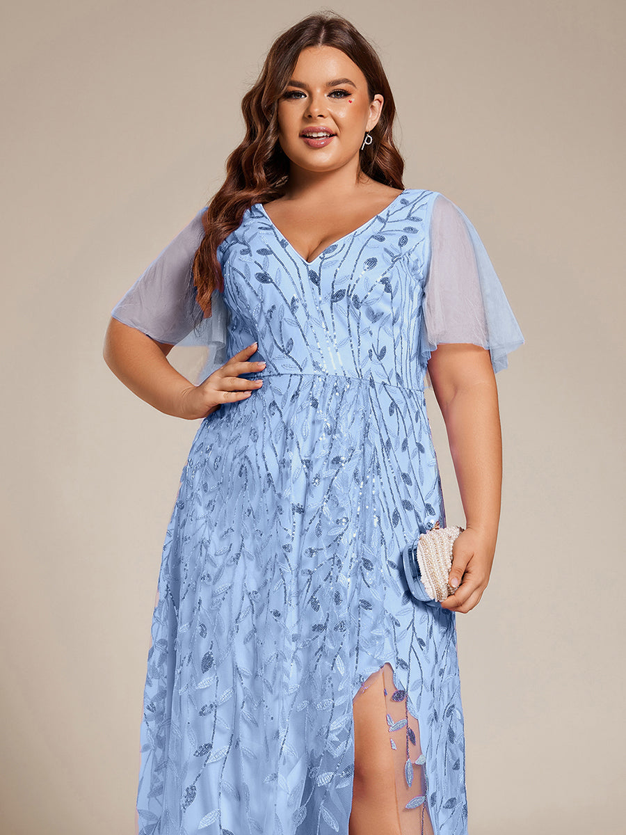 Maxilänge, V-Ausschnitt, asymmetrischer Saum, Pailletten-Kleid mit tiefem V-Ausschnitt und funkelnden Details #Farbe_Himmelblau