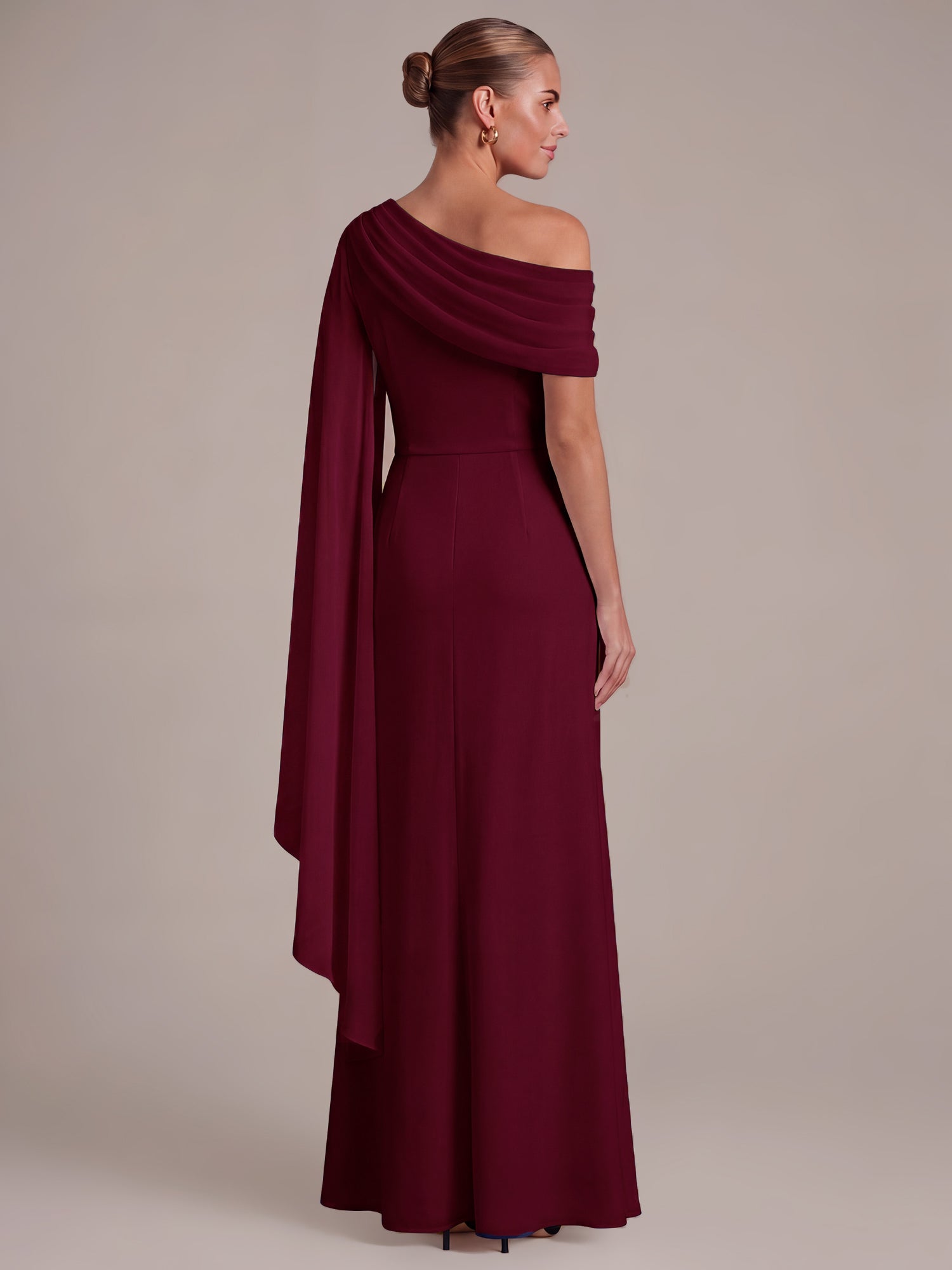 Maxilänge A-Linien-Kleid Asymmetrischer Ausschnitt Mesh Plissiert Schlitz #Farbe_Burgunderrot