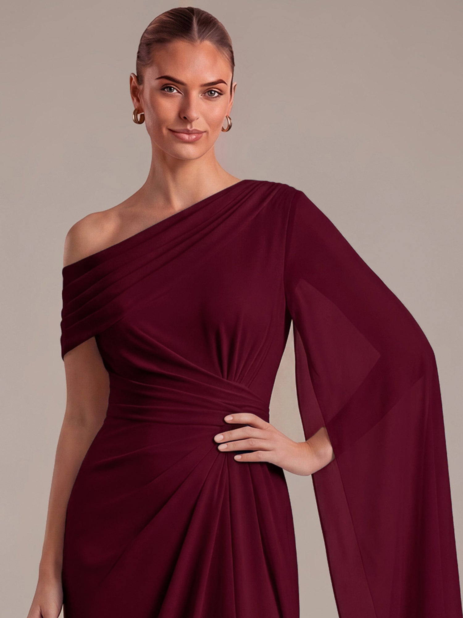 Maxilänge A-Linien-Kleid Asymmetrischer Ausschnitt Mesh Plissiert Schlitz #Farbe_Burgunderrot