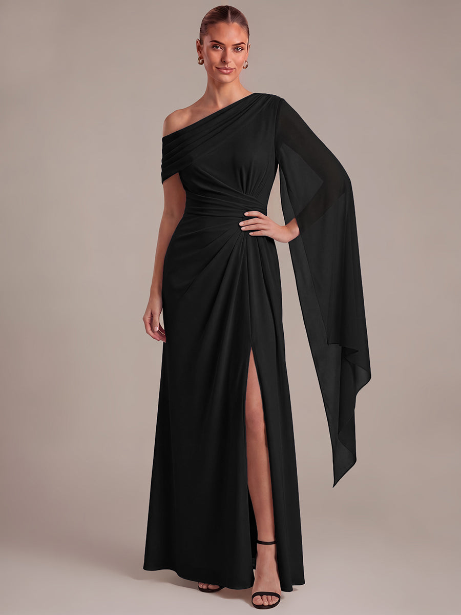 Maxilänge A-Linien-Kleid Asymmetrischer Ausschnitt Mesh Plissiert Schlitz #Farbe_Schwarz