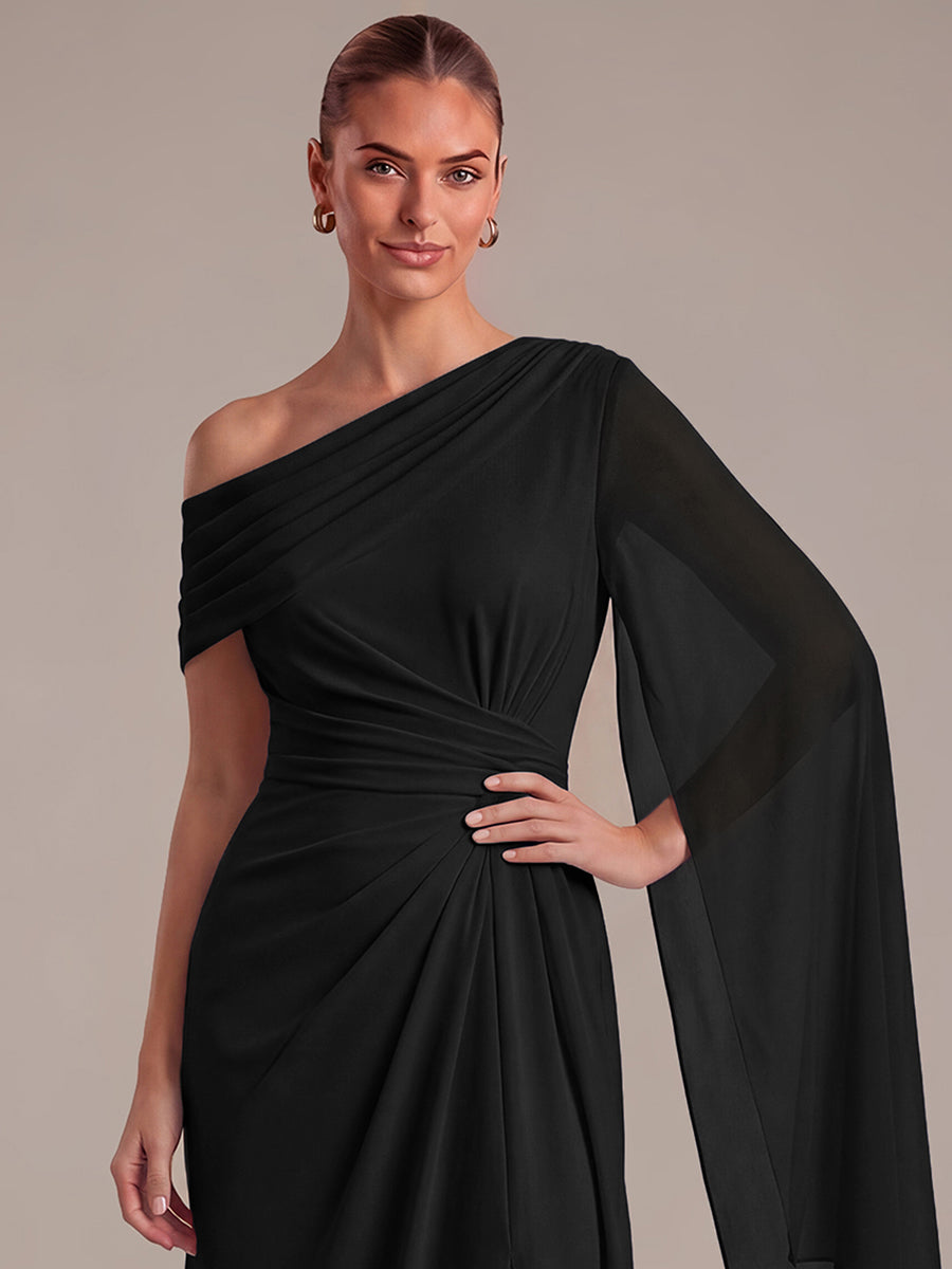 Maxilänge A-Linien-Kleid Asymmetrischer Ausschnitt Mesh Plissiert Schlitz #Farbe_Schwarz