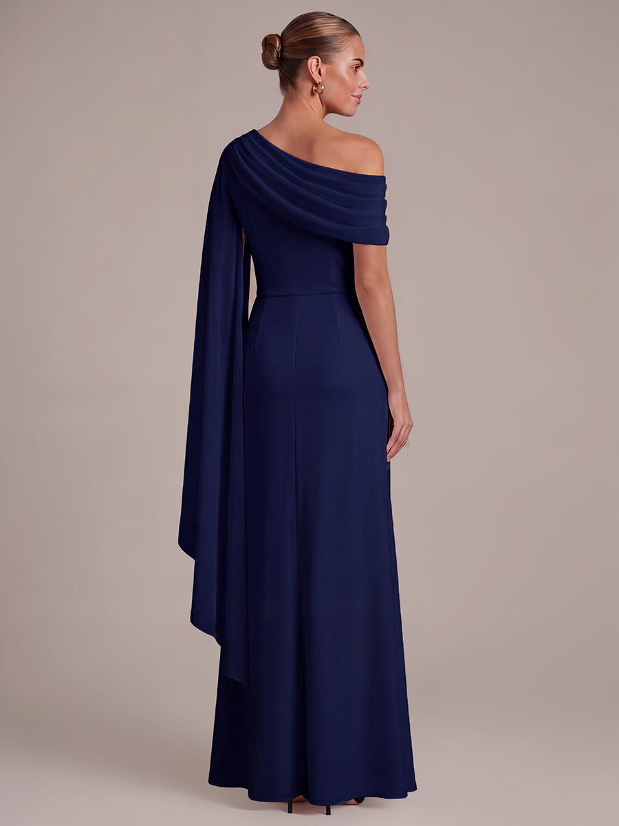 Maxilänge A-Linien-Kleid Asymmetrischer Ausschnitt Mesh Plissiert Schlitz #Farbe_Marineblau