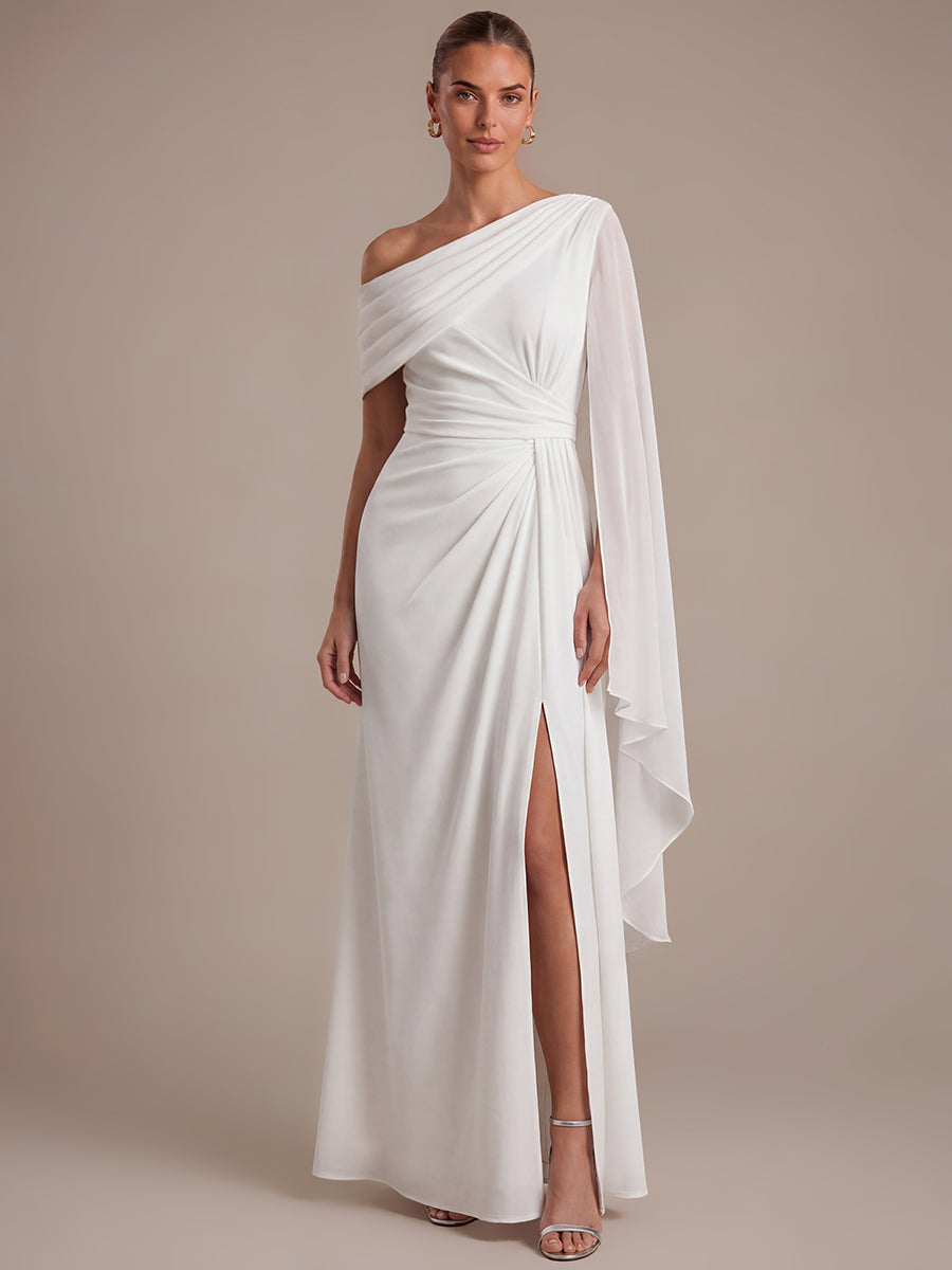Maxilänge A-Linien-Kleid Asymmetrischer Ausschnitt Mesh Plissiert Schlitz #Farbe_Weiß