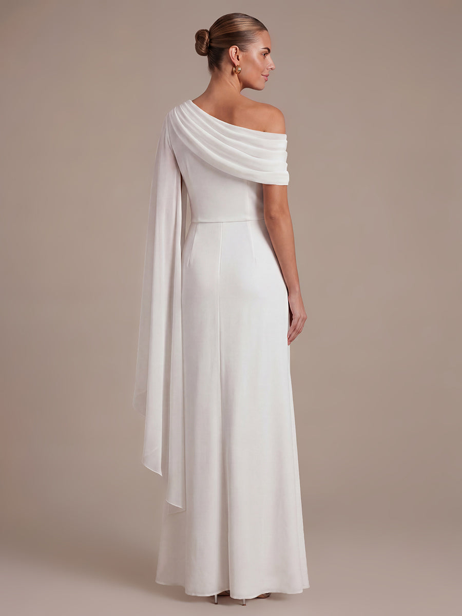 Maxilänge A-Linien-Kleid Asymmetrischer Ausschnitt Mesh Plissiert Schlitz #Farbe_Weiß