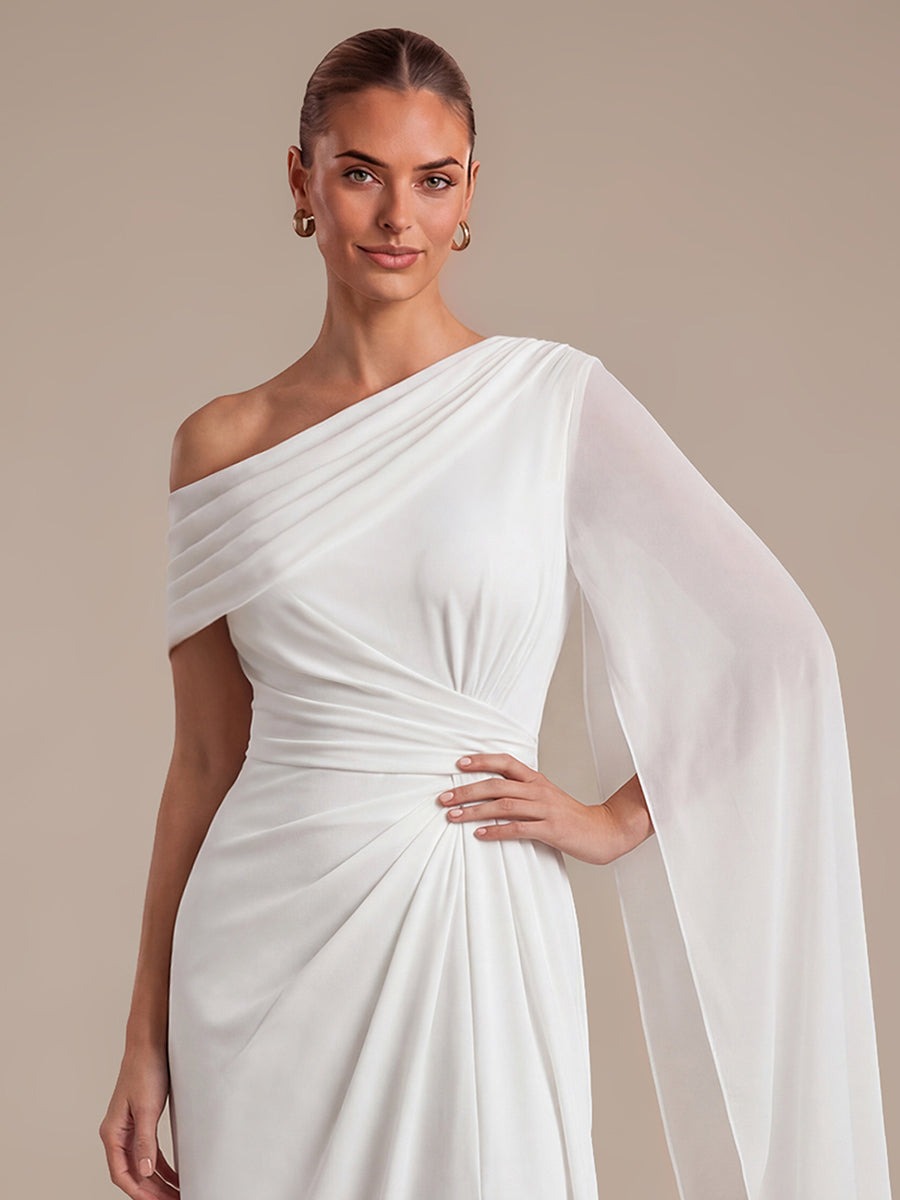 Maxilänge A-Linien-Kleid Asymmetrischer Ausschnitt Mesh Plissiert Schlitz #Farbe_Weiß
