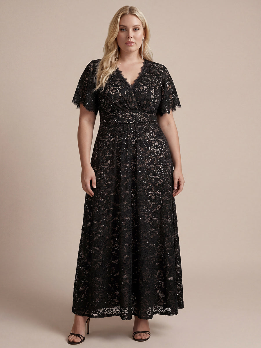 Kn?chellanges A-Linien-Kleid ¨¹berkreuzter Ausschnitt Spitze Pailletten Volants #Farbe_Schwarz