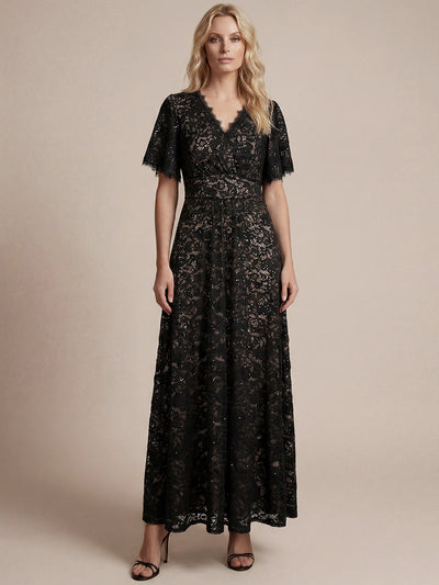 Kn?chellanges A-Linien-Kleid ¨¹berkreuzter Ausschnitt Spitze Pailletten Volants #Farbe_Schwarz