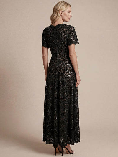 Kn?chellanges A-Linien-Kleid ¨¹berkreuzter Ausschnitt Spitze Pailletten Volants #Farbe_Schwarz
