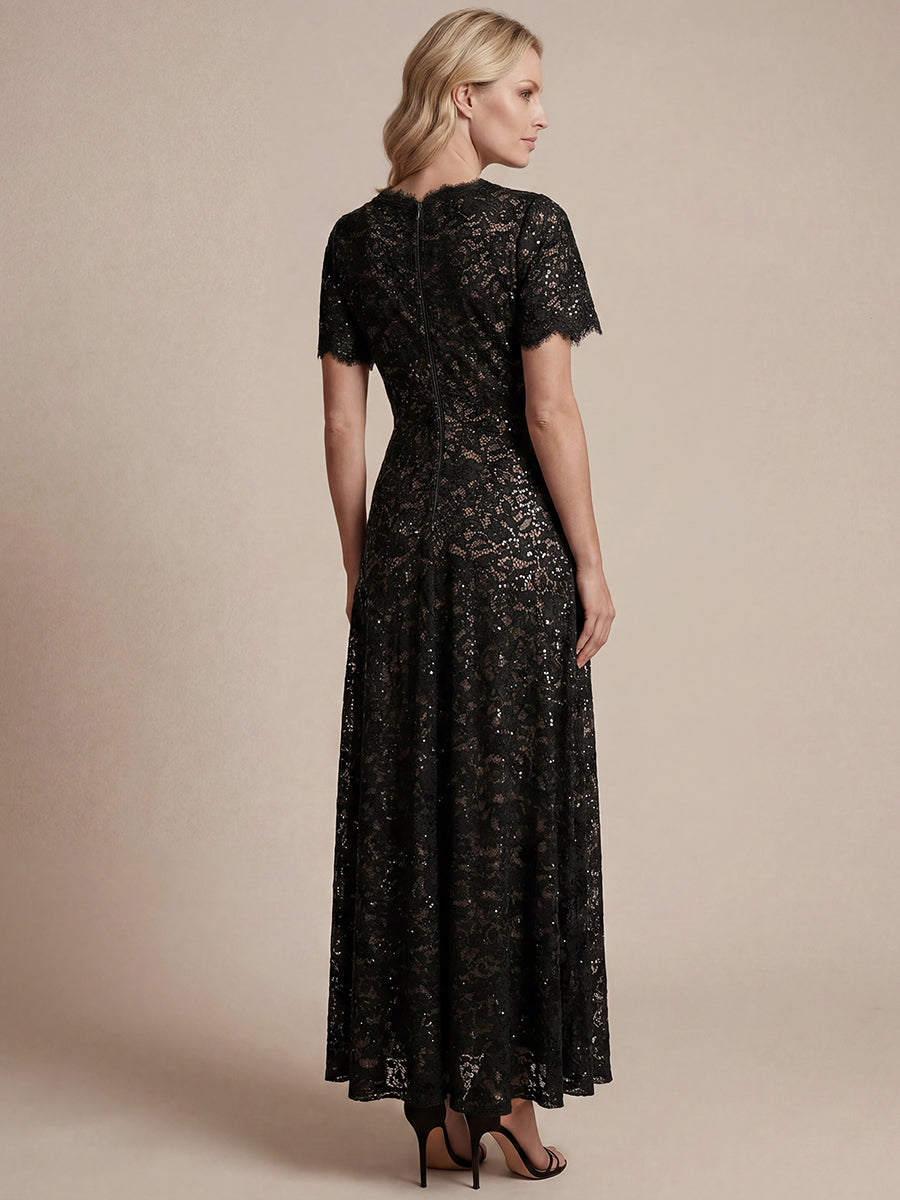 Kn?chellanges A-Linien-Kleid ¨¹berkreuzter Ausschnitt Spitze Pailletten Volants #Farbe_Schwarz