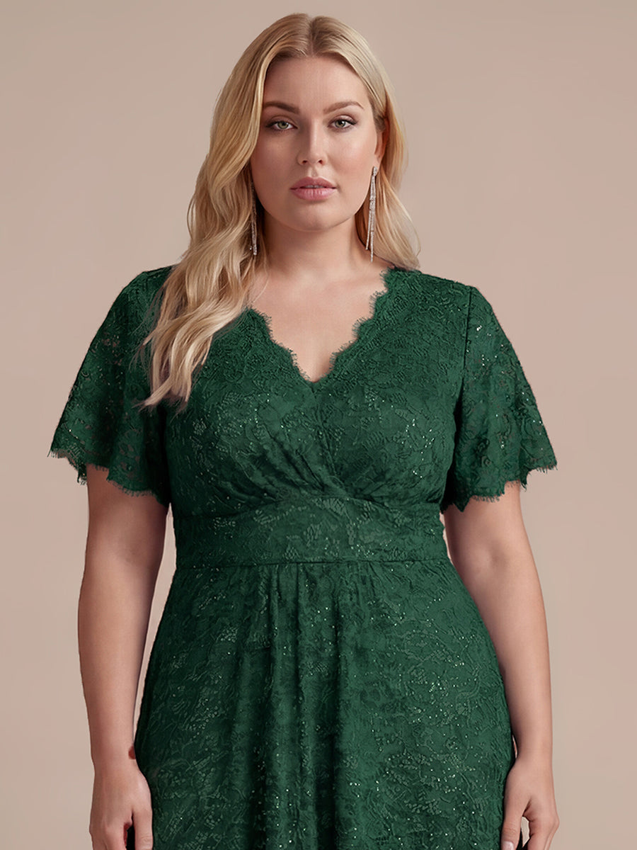 Kn?chellanges A-Linien-Kleid ¨¹berkreuzter Ausschnitt Spitze Pailletten Volants #Farbe_Dunkelgrün