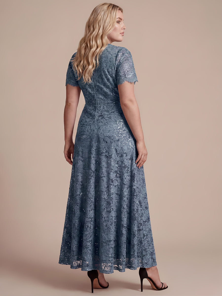 Kn?chellanges A-Linien-Kleid ¨¹berkreuzter Ausschnitt Spitze Pailletten Volants #Farbe_Taubenblau