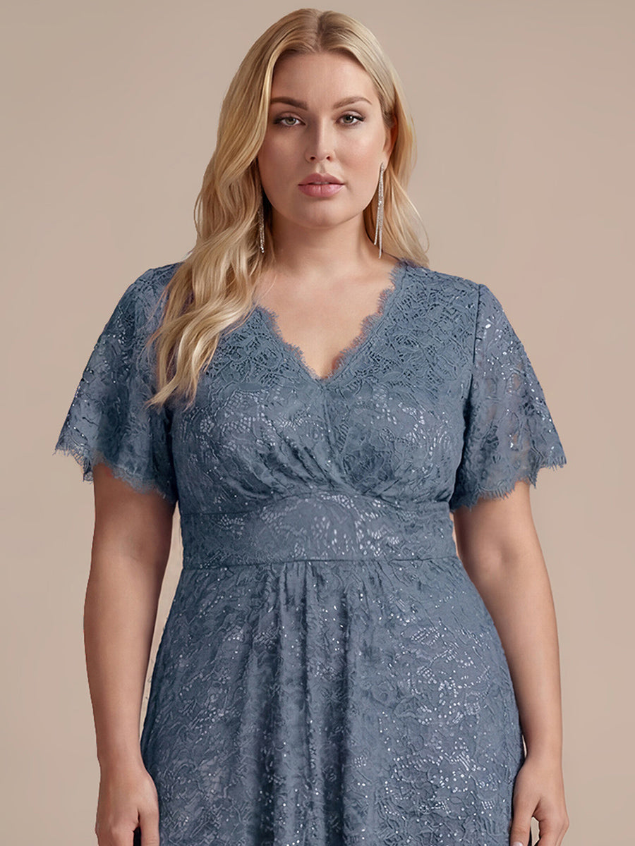 Kn?chellanges A-Linien-Kleid ¨¹berkreuzter Ausschnitt Spitze Pailletten Volants #Farbe_Taubenblau