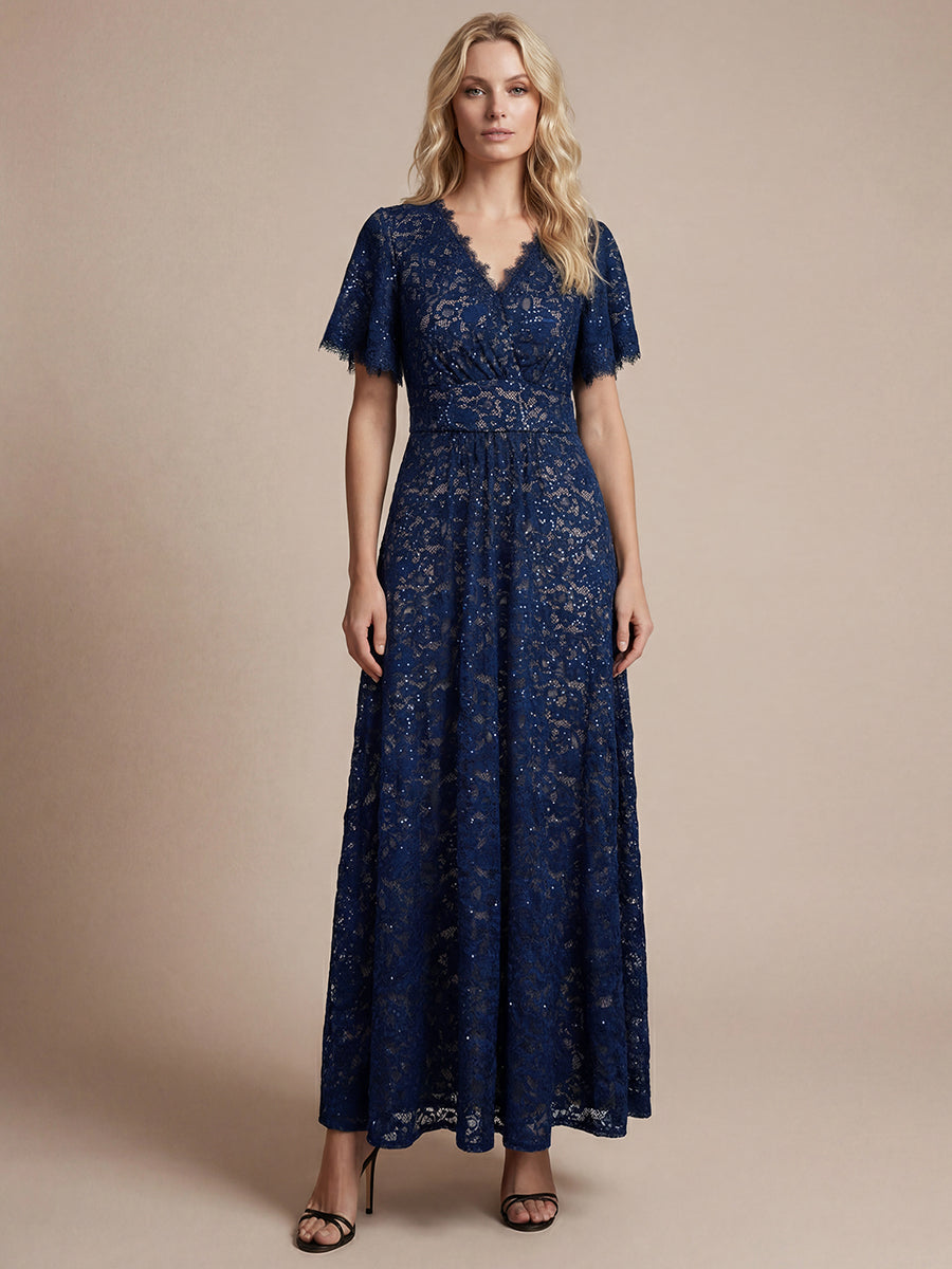 Kn?chellanges A-Linien-Kleid ¨¹berkreuzter Ausschnitt Spitze Pailletten Volants #Farbe_Marineblau