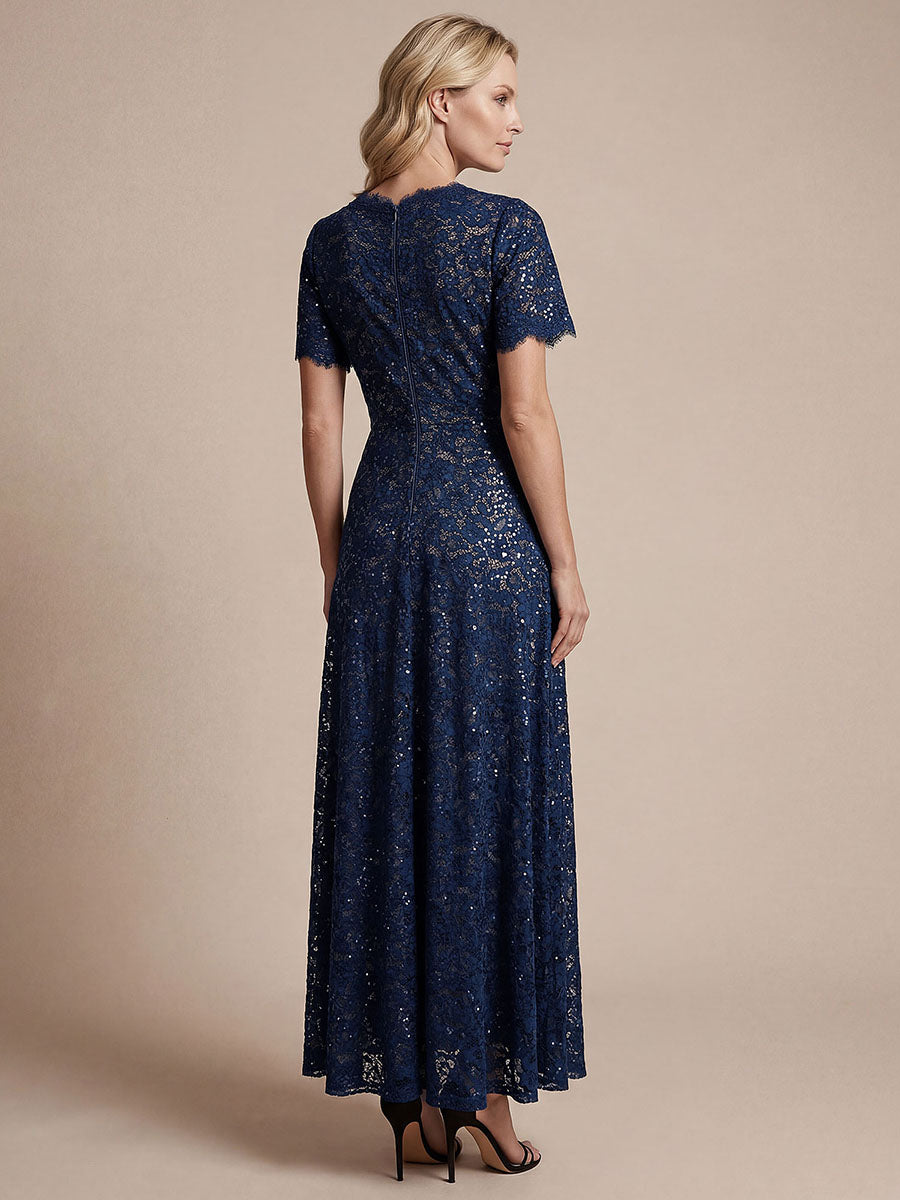 Kn?chellanges A-Linien-Kleid ¨¹berkreuzter Ausschnitt Spitze Pailletten Volants #Farbe_Marineblau