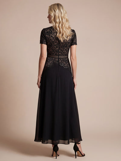 Kn?chellanges A-Linien Kleid Runder Ausschnitt Spitze Pailletten #Farbe_Schwarz