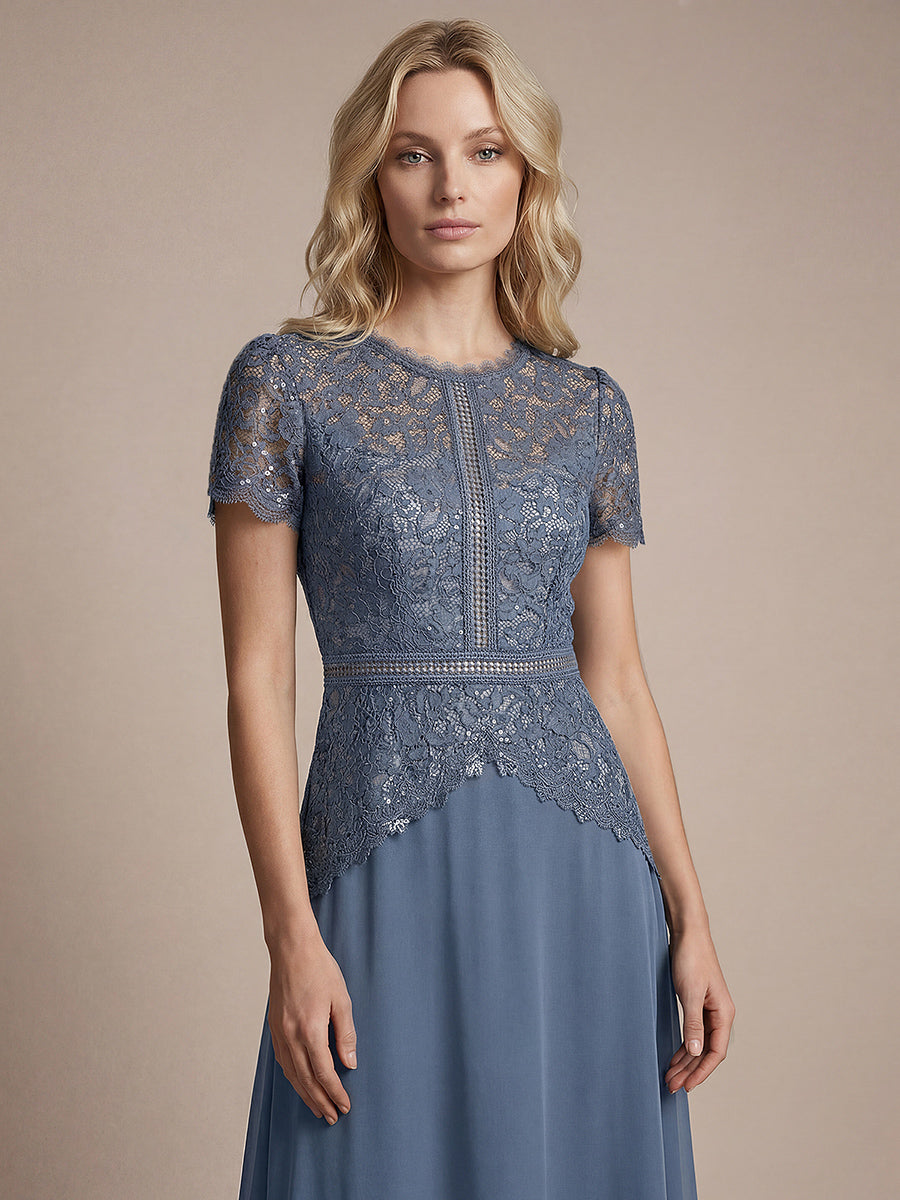 Kn?chellanges A-Linien Kleid Runder Ausschnitt Spitze Pailletten #Farbe_Taubenblau