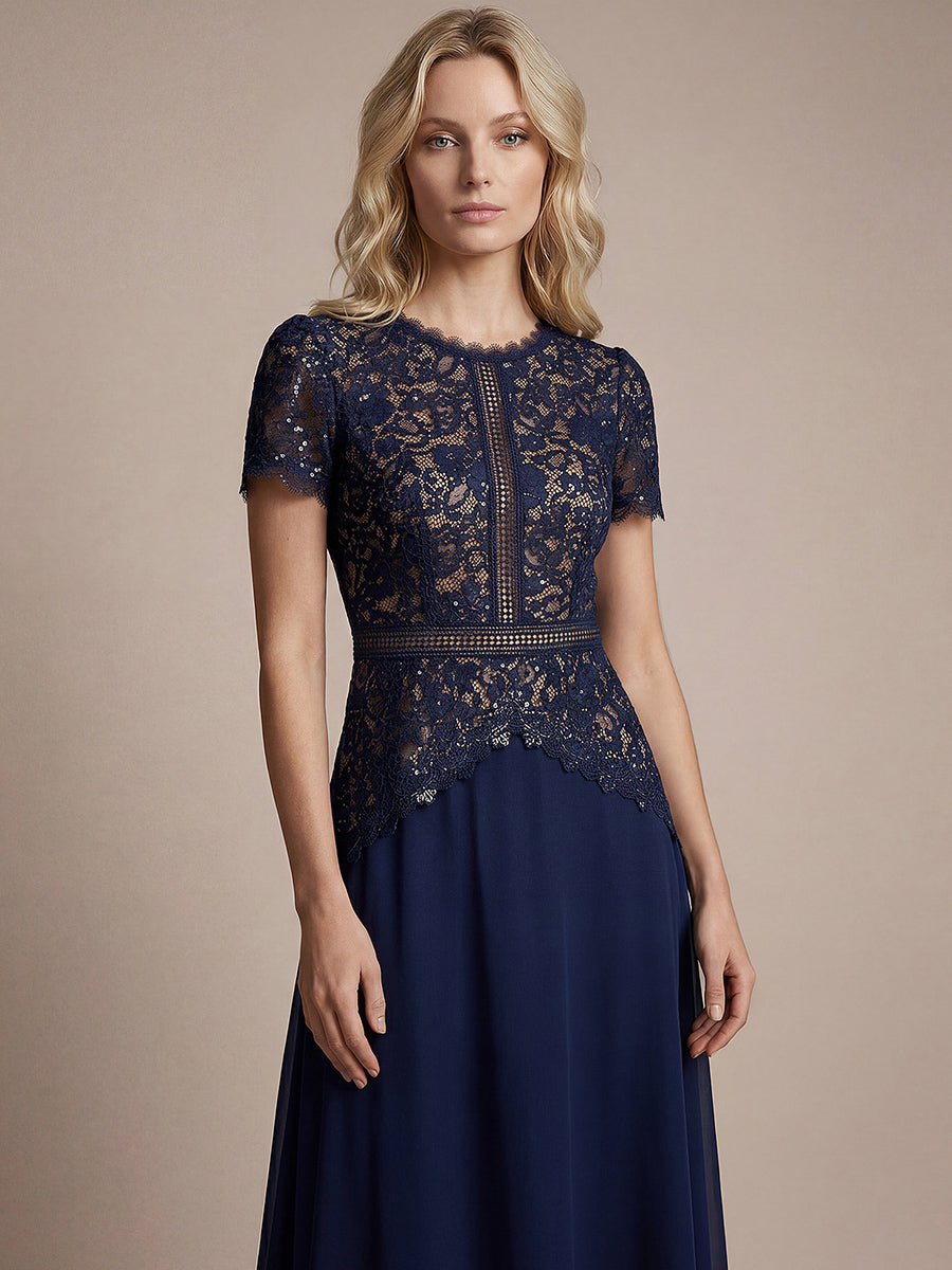 Kn?chellanges A-Linien Kleid Runder Ausschnitt Spitze Pailletten #Farbe_Marineblau