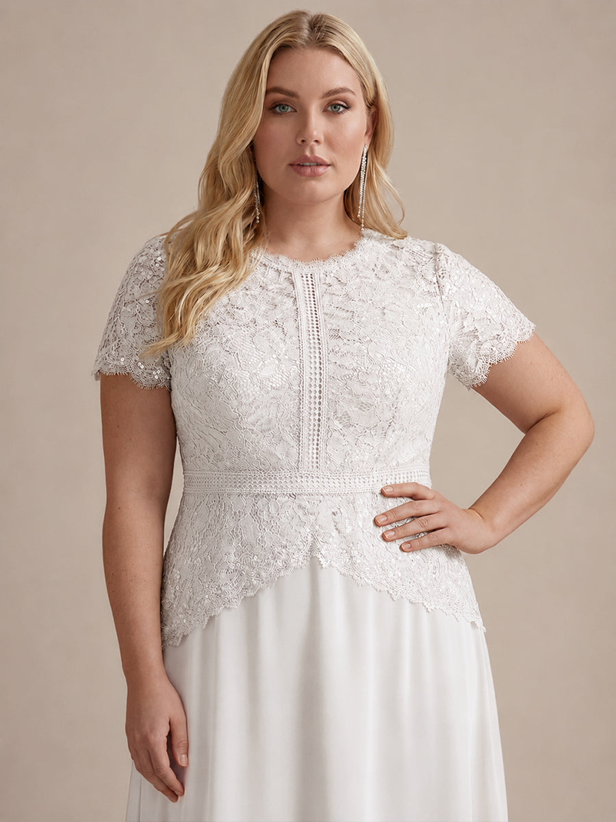 Kn?chellanges A-Linien Kleid Runder Ausschnitt Spitze Pailletten #Farbe_Weiß