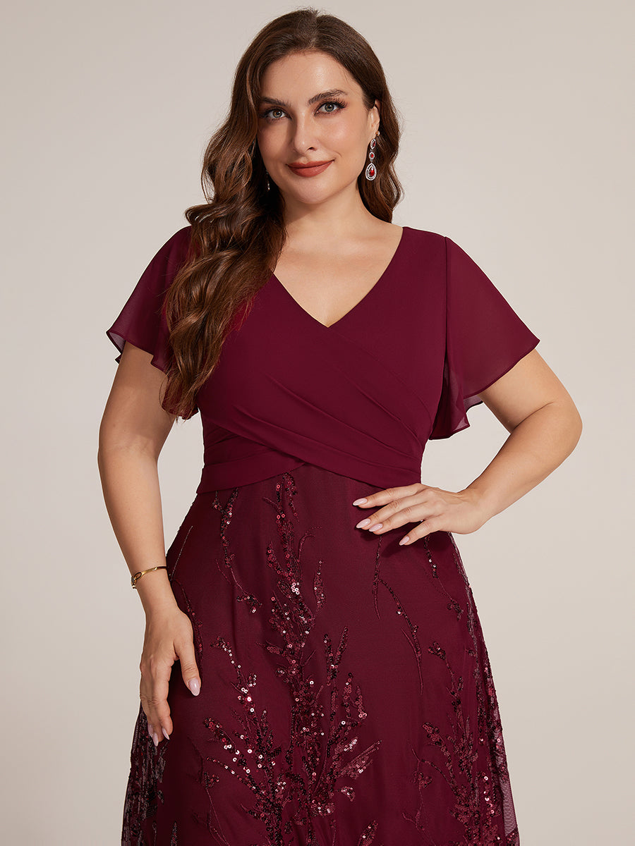 Tea Länge V Ausschnitt A Linien Kleid Aus Chiffon Mit 3D Drapierung Und Pailletten #Farbe_Burgunderrot