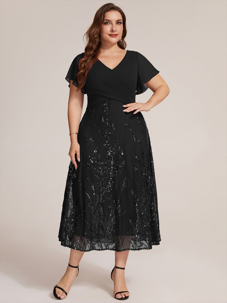 Tea Länge V Ausschnitt A Linien Kleid Aus Chiffon Mit 3D Drapierung Und Pailletten #Farbe_Schwarz
