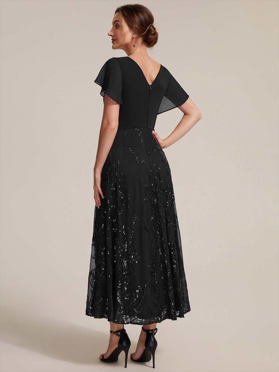 Tea Länge V Ausschnitt A Linien Kleid Aus Chiffon Mit 3D Drapierung Und Pailletten #Farbe_Schwarz