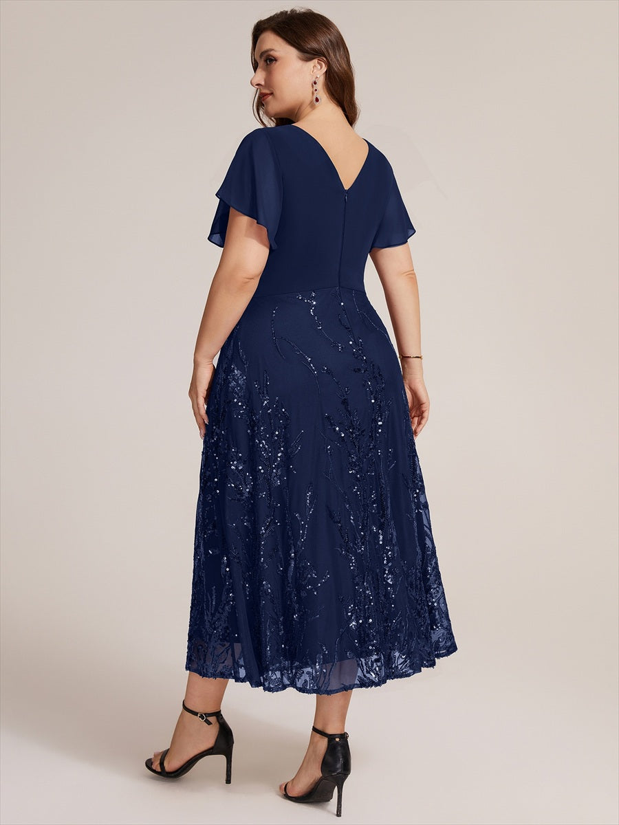Tea Länge V Ausschnitt A Linien Kleid Aus Chiffon Mit 3D Drapierung Und Pailletten #Farbe_Marineblau