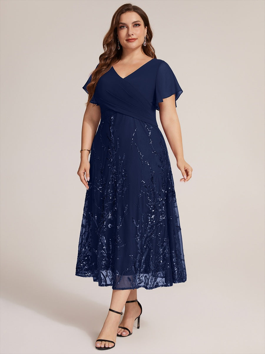 Tea Länge V Ausschnitt A Linien Kleid Aus Chiffon Mit 3D Drapierung Und Pailletten #Farbe_Marineblau