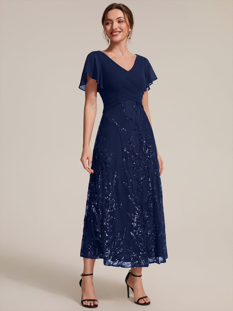 Tea Länge V Ausschnitt A Linien Kleid Aus Chiffon Mit 3D Drapierung Und Pailletten #Farbe_Marineblau
