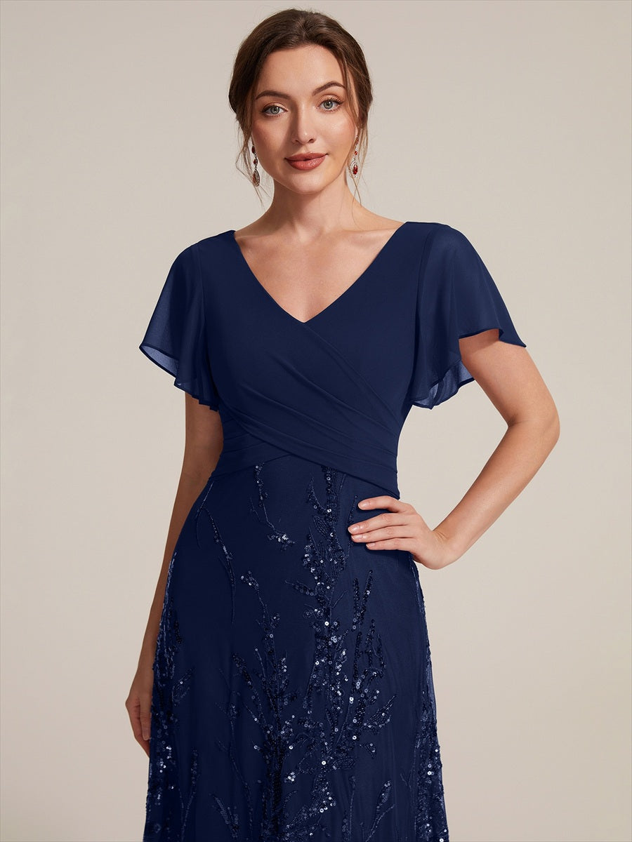 Tea Länge V Ausschnitt A Linien Kleid Aus Chiffon Mit 3D Drapierung Und Pailletten #Farbe_Marineblau