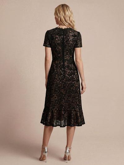 Midi Tea L?nge Meerjungfrau Kleid ¨¹berkreuzter Ausschnitt Spitze Volants Pailletten #Farbe_Schwarz
