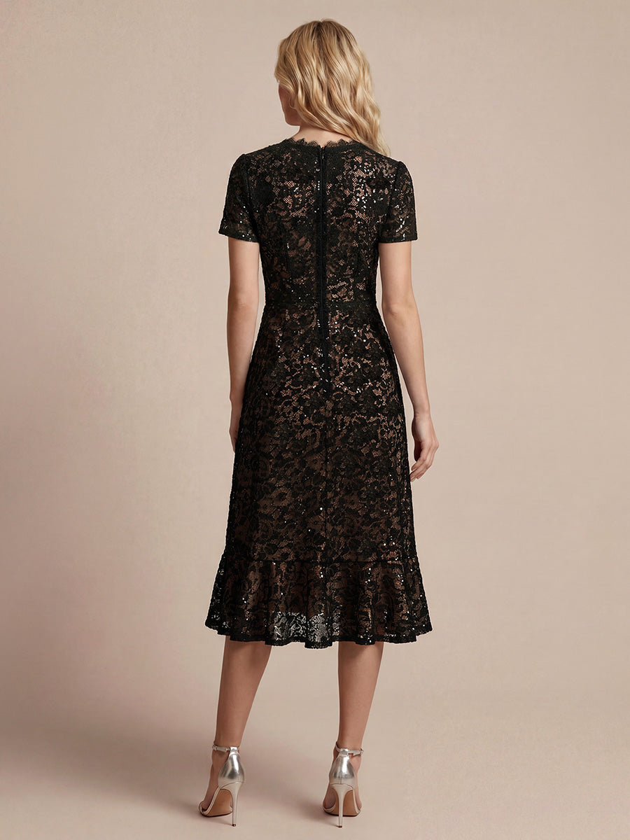 Midi Tea L?nge Meerjungfrau Kleid ¨¹berkreuzter Ausschnitt Spitze Volants Pailletten #Farbe_Schwarz