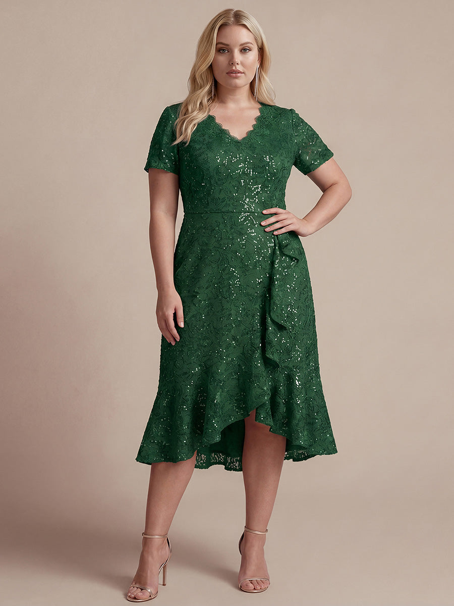 Midi Tea L?nge Meerjungfrau Kleid ¨¹berkreuzter Ausschnitt Spitze Volants Pailletten #Farbe_Dunkelgrün