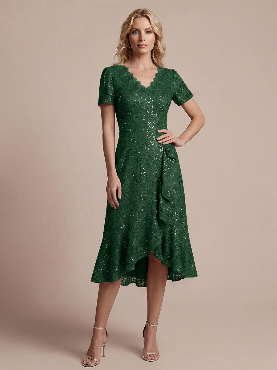 Midi Tea L?nge Meerjungfrau Kleid ¨¹berkreuzter Ausschnitt Spitze Volants Pailletten #Farbe_Dunkelgrün