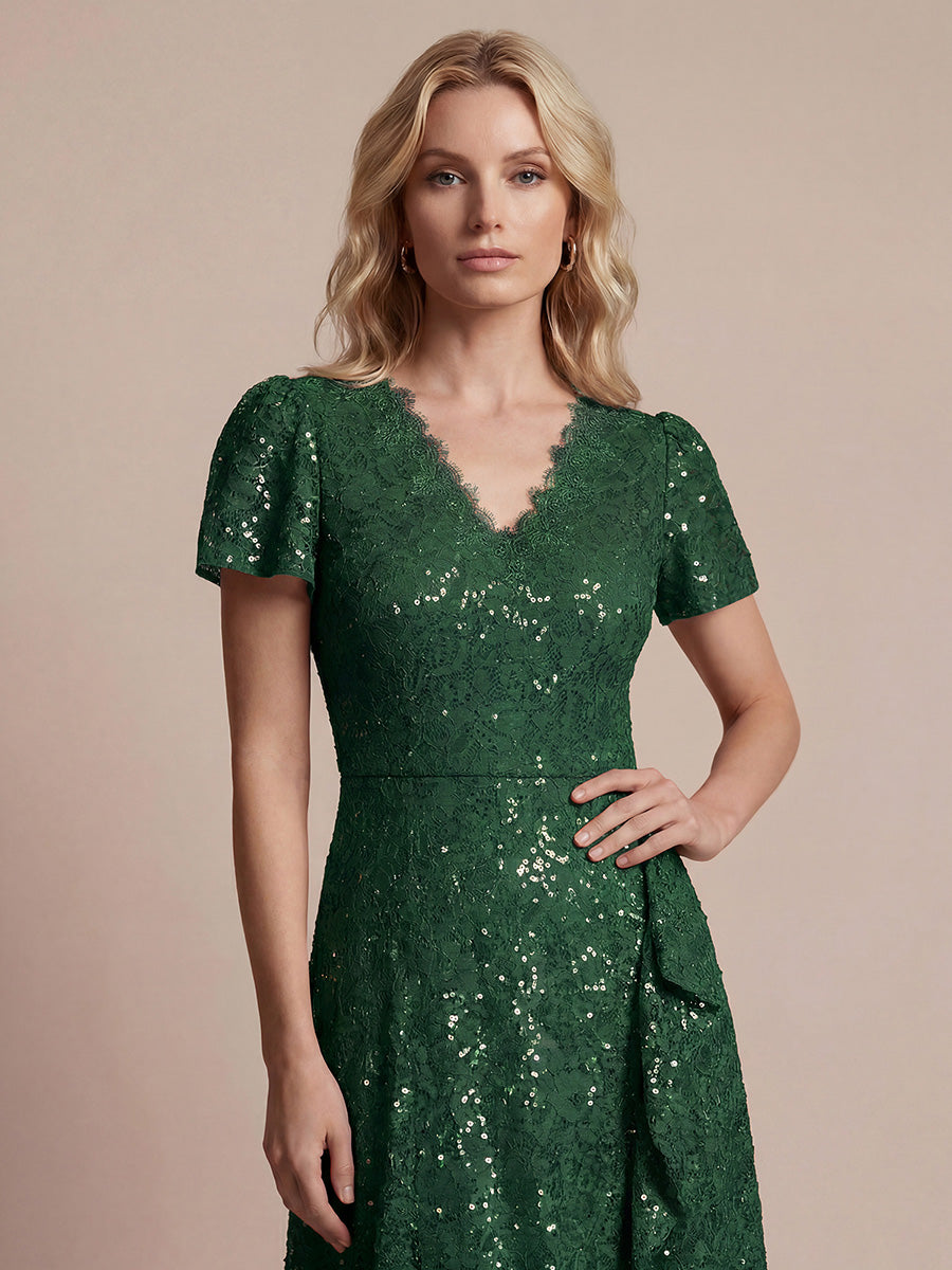 Midi Tea L?nge Meerjungfrau Kleid ¨¹berkreuzter Ausschnitt Spitze Volants Pailletten #Farbe_Dunkelgrün