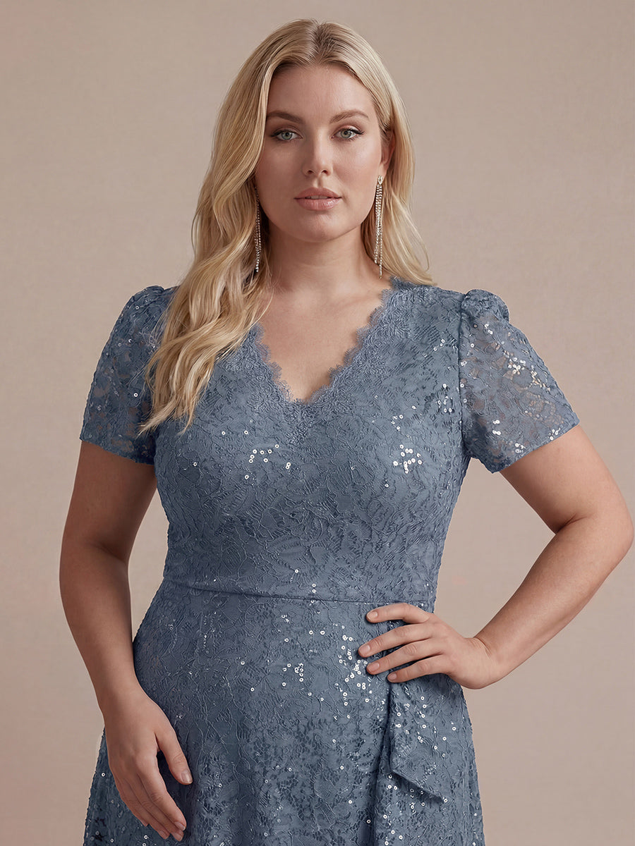 Midi Tea L?nge Meerjungfrau Kleid ¨¹berkreuzter Ausschnitt Spitze Volants Pailletten #Farbe_Taubenblau