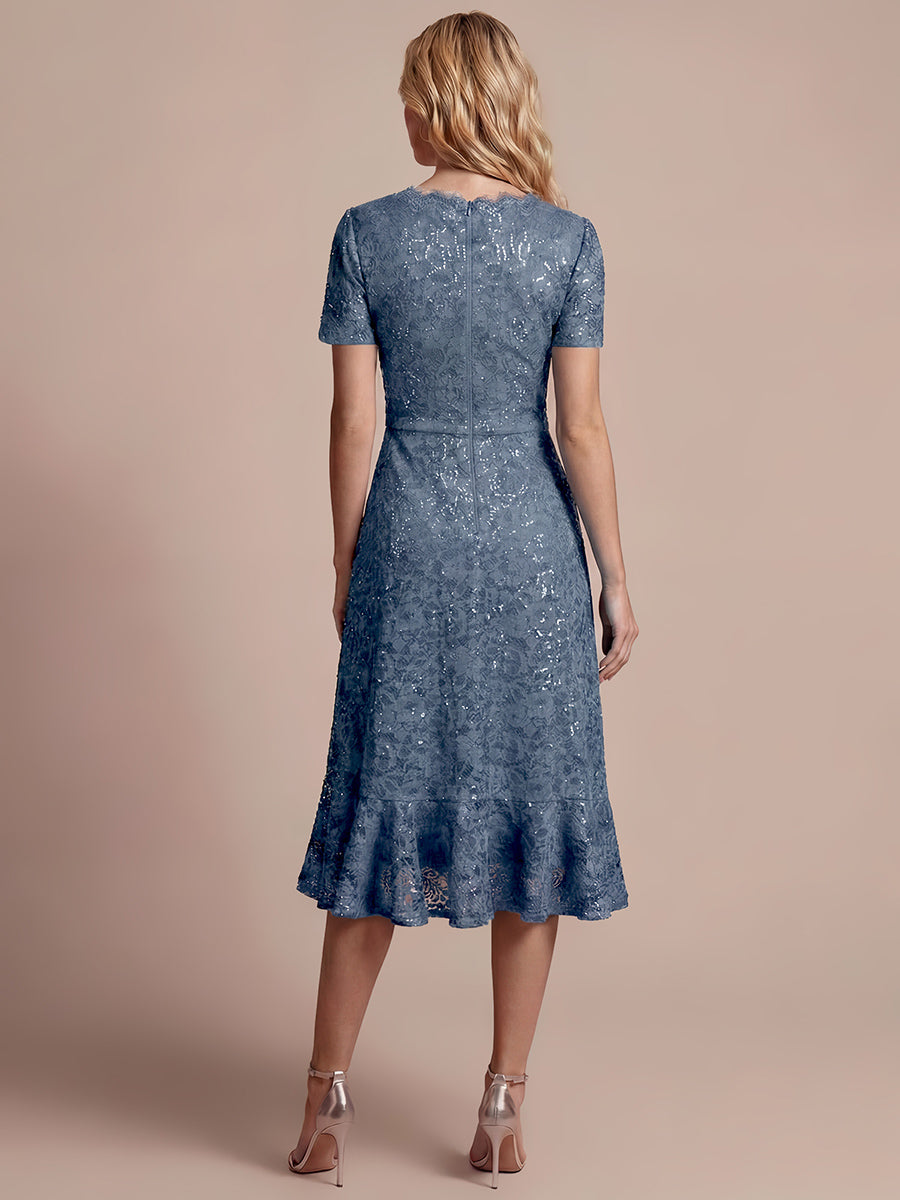Midi Tea L?nge Meerjungfrau Kleid ¨¹berkreuzter Ausschnitt Spitze Volants Pailletten #Farbe_Taubenblau