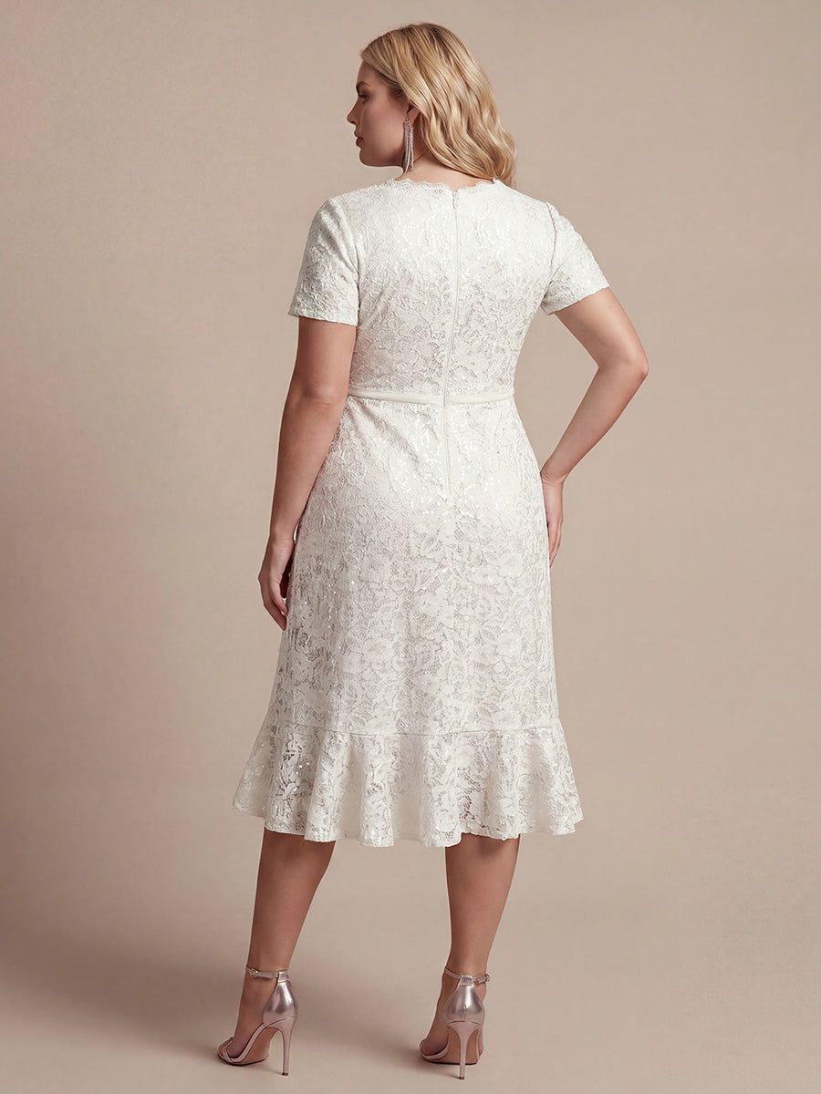 Midi Tea L?nge Meerjungfrau Kleid ¨¹berkreuzter Ausschnitt Spitze Volants Pailletten #Farbe_Weiß