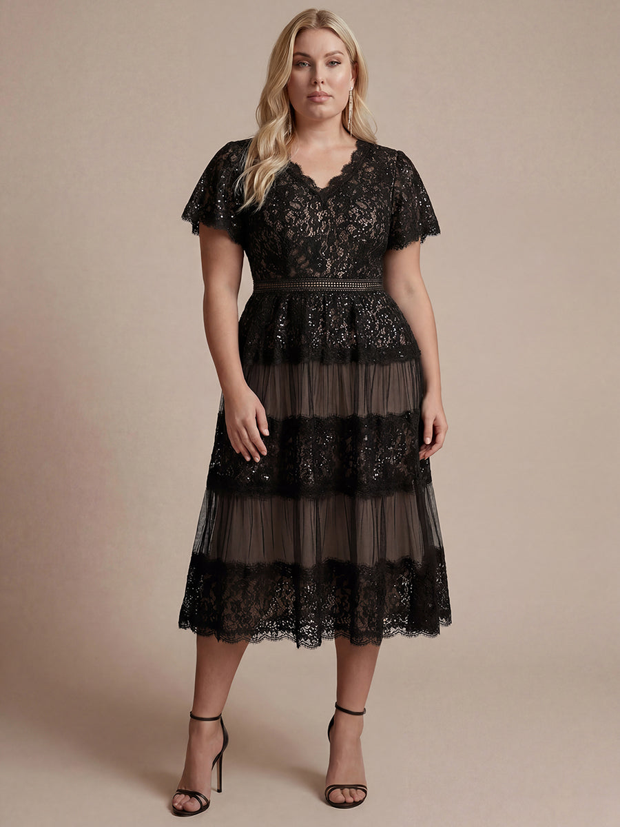Tea L?nge V-Ausschnitt A-Linie Kleid Aus Spitze Mit R¨¹schen Und Pailletten #Farbe_Schwarz