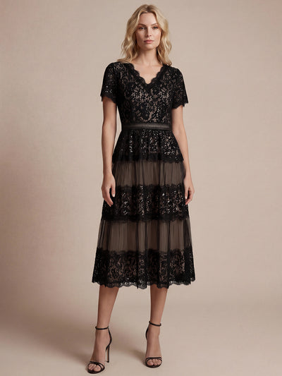 Tea L?nge V-Ausschnitt A-Linie Kleid Aus Spitze Mit R¨¹schen Und Pailletten #Farbe_Schwarz