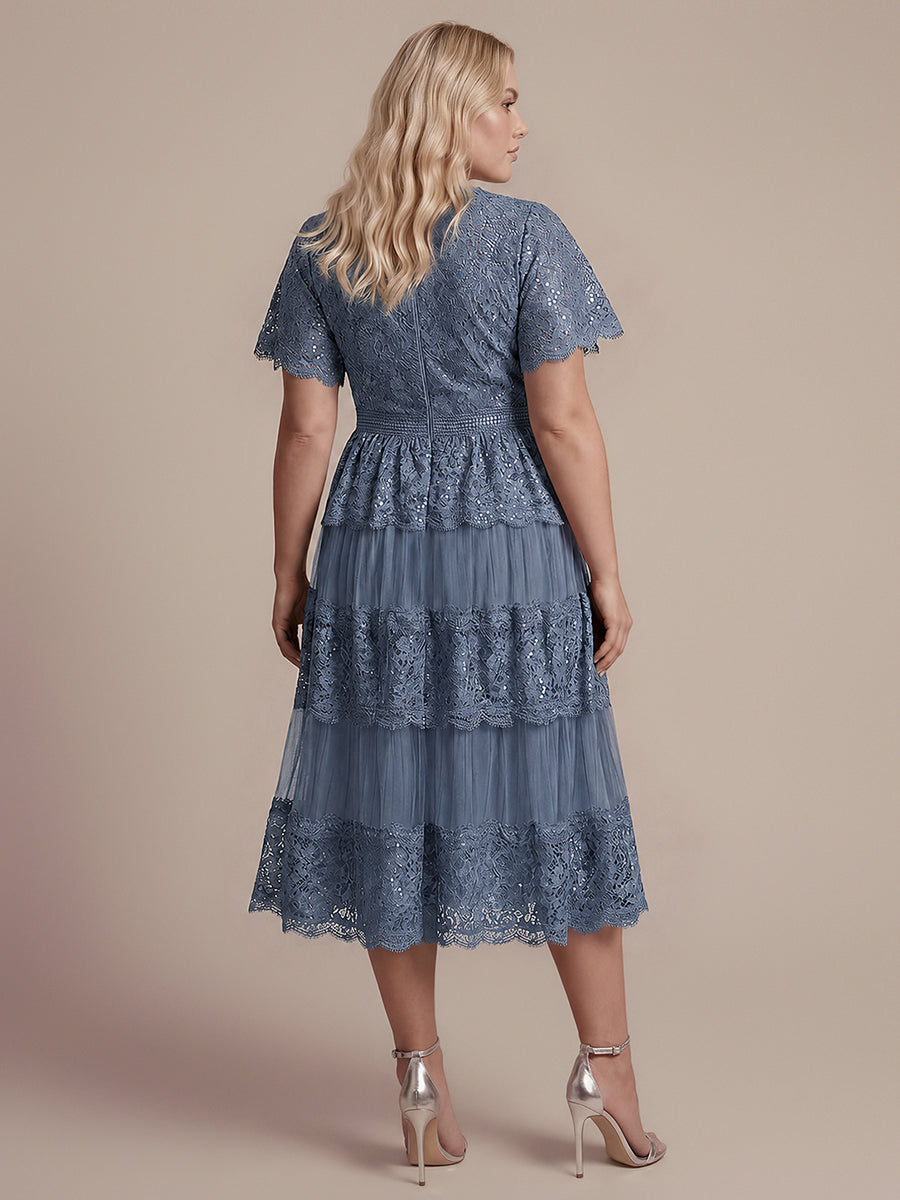 Tea L?nge V-Ausschnitt A-Linie Kleid Aus Spitze Mit R¨¹schen Und Pailletten #Farbe_Taubenblau