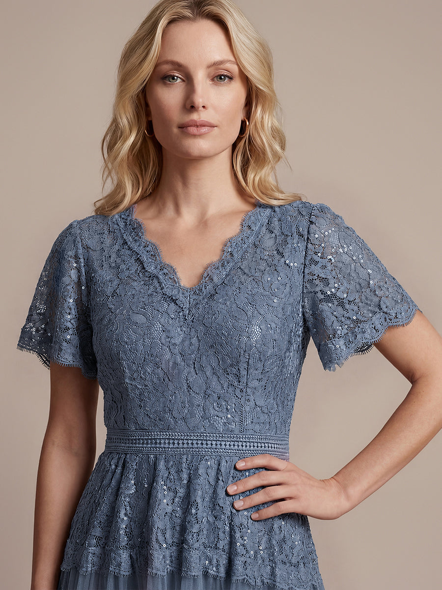 Tea L?nge V-Ausschnitt A-Linie Kleid Aus Spitze Mit R¨¹schen Und Pailletten #Farbe_Taubenblau