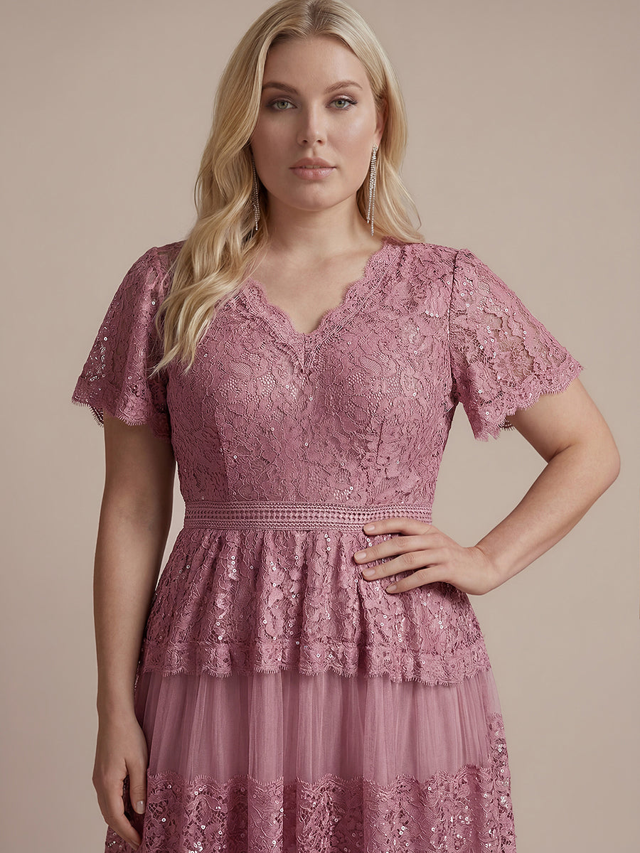 Tea L?nge V-Ausschnitt A-Linie Kleid Aus Spitze Mit R¨¹schen Und Pailletten #Farbe_Orchideenviolett