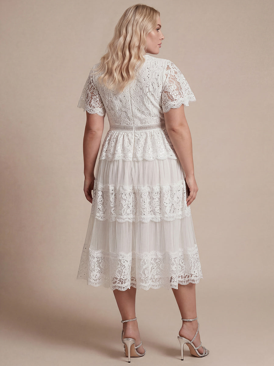 Tea L?nge V-Ausschnitt A-Linie Kleid Aus Spitze Mit R¨¹schen Und Pailletten #Farbe_Weiß
