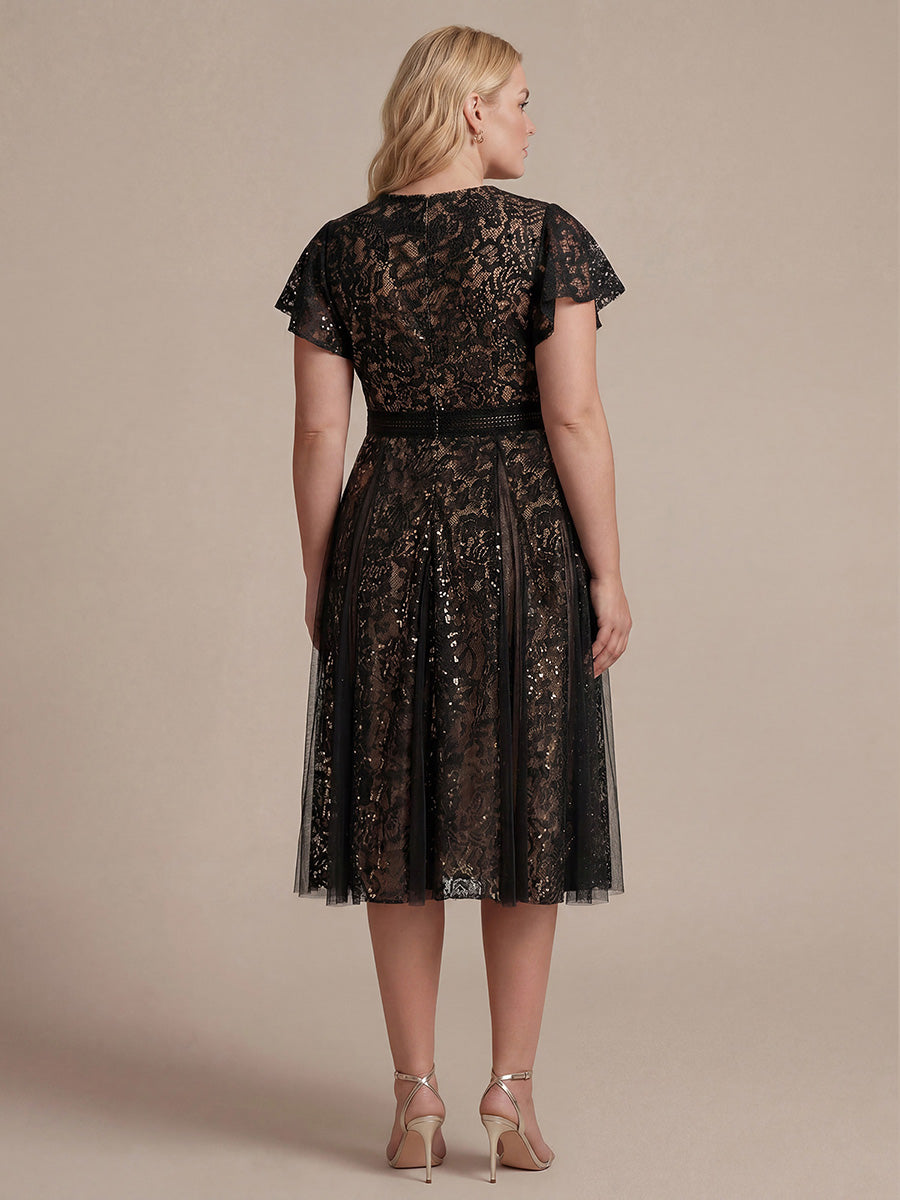 Midi Tee L?nge A Linie Kleid Mit V Ausschnitt Spitze R¨¹schen Und Pailletten #Farbe_Schwarz