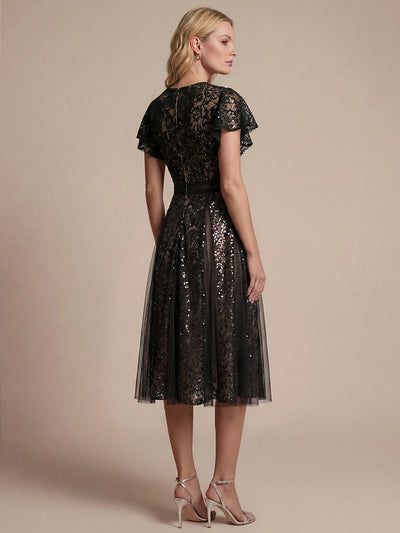 Midi Tee L?nge A Linie Kleid Mit V Ausschnitt Spitze R¨¹schen Und Pailletten #Farbe_Schwarz