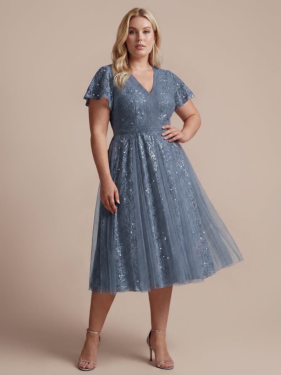 Midi Tee L?nge A Linie Kleid Mit V Ausschnitt Spitze R¨¹schen Und Pailletten #Farbe_Taubenblau