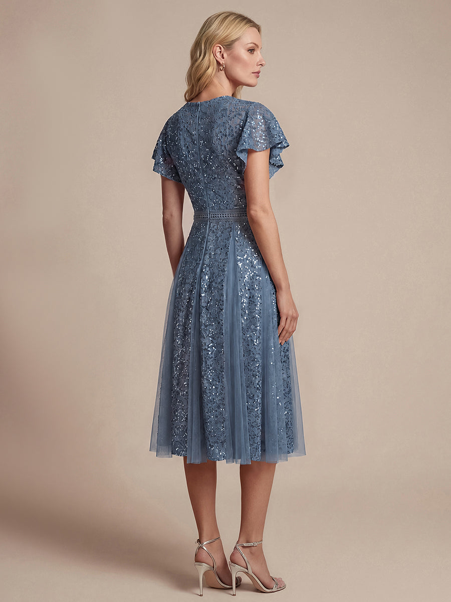 Midi Tee L?nge A Linie Kleid Mit V Ausschnitt Spitze R¨¹schen Und Pailletten #Farbe_Taubenblau