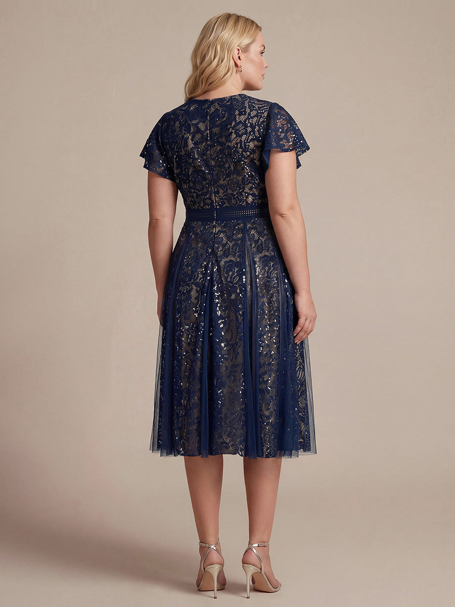 Midi Tee L?nge A Linie Kleid Mit V Ausschnitt Spitze R¨¹schen Und Pailletten #Farbe_Marineblau