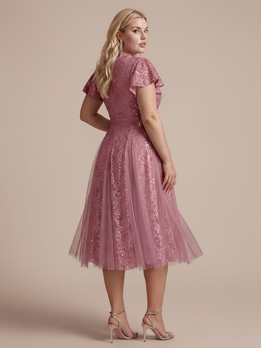 Midi Tee L?nge A Linie Kleid Mit V Ausschnitt Spitze R¨¹schen Und Pailletten #Farbe_Orchideenviolett